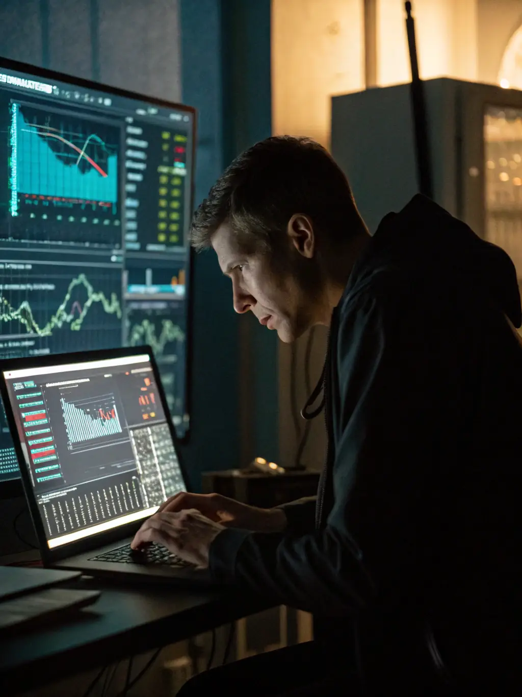 A focused image of a cybersecurity analyst meticulously examining network traffic data on a sophisticated monitoring system, ensuring the integrity and security of federal agency communications.