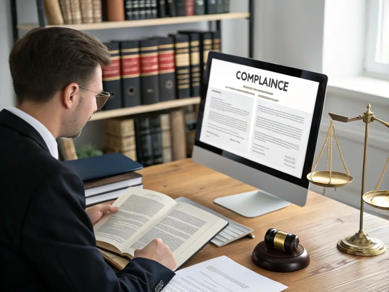 A compliance officer reviewing a detailed system accreditation document, highlighting key security controls and compliance requirements in a well-lit office setting.