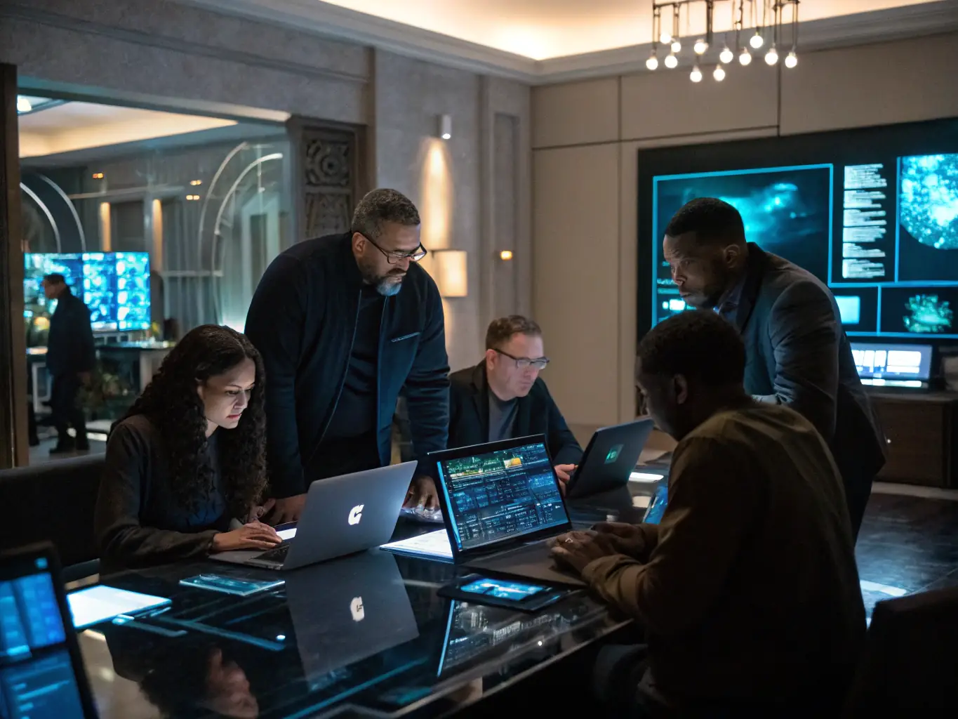 A team of cybersecurity experts collaborating on a system accreditation project, using secure communication channels and advanced analytical tools in a modern office environment.